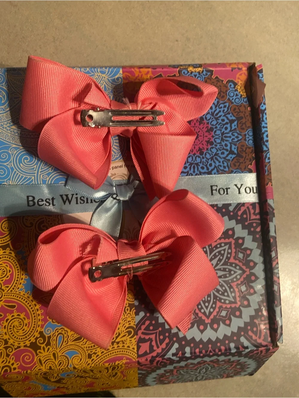 Personalized Coral Pink Girls' Hair Bows with Green 'B' Embroidery - Pair